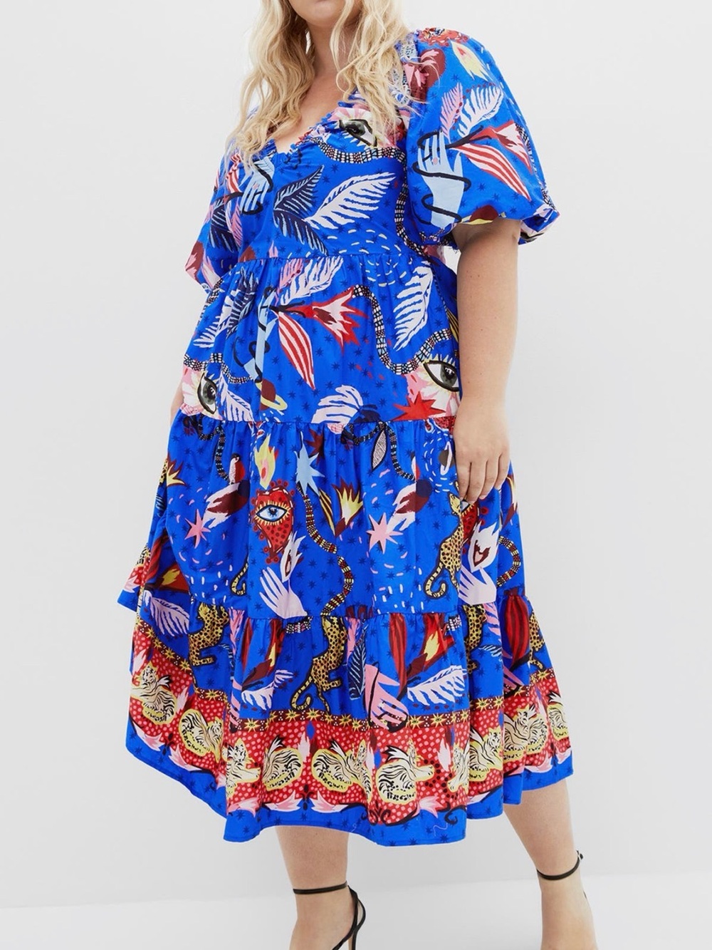 City Chic Simona Print Puff Sleeve Dress - blue